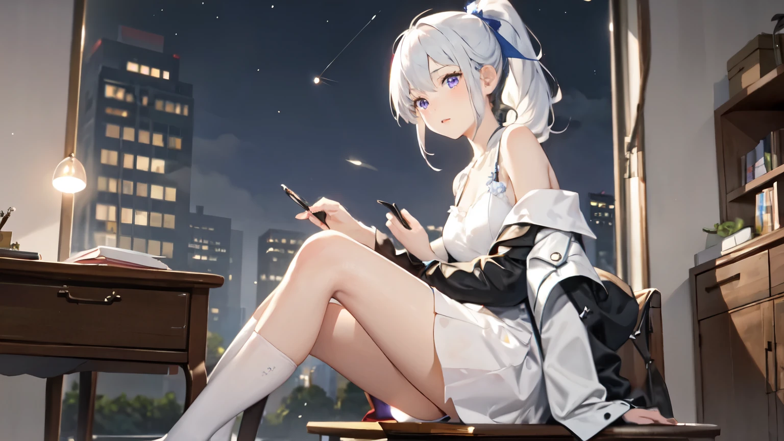 One girl, night,magic circle, Blue Fire, blue flame, Depth of written boundary, night, Particles of light, light, Side Lighting, Open jacket, Long skirt, Knee socks, cloud,night、A beautiful girl with her white hair elegantly tied in a ponytail、sitting quietly at a desk。Her purple eyes、It emits a mysterious glow, like a star shining in the night sky.。The white dress accentuates her sophisticated beauty.、Beautifully adorns the shoulders and neck。There are a few books and a pen on the desk.、It looks as if she is concentrating on something.。The figure is、Like a part of a painting、It has a striking beauty。