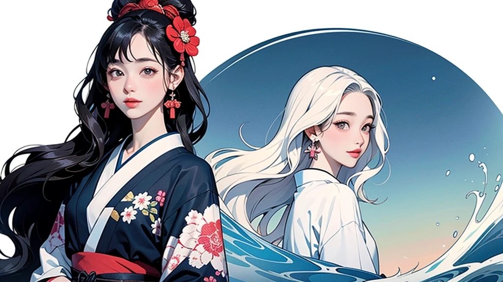 (Highest quality、masterpiece、High resolution、8K)、ukiyo-e、Vibrant colors、1 female、The kimono has a vivid floral pattern on a white background..、Katsushika Hokusai、white waves and Mt. Fuji Mountain、white waves, Moon and woman、white waves, Boat and woman、white waves and a woman、Long black hair、white waves and a womanとカモメ、Official Art、Detailed CG、