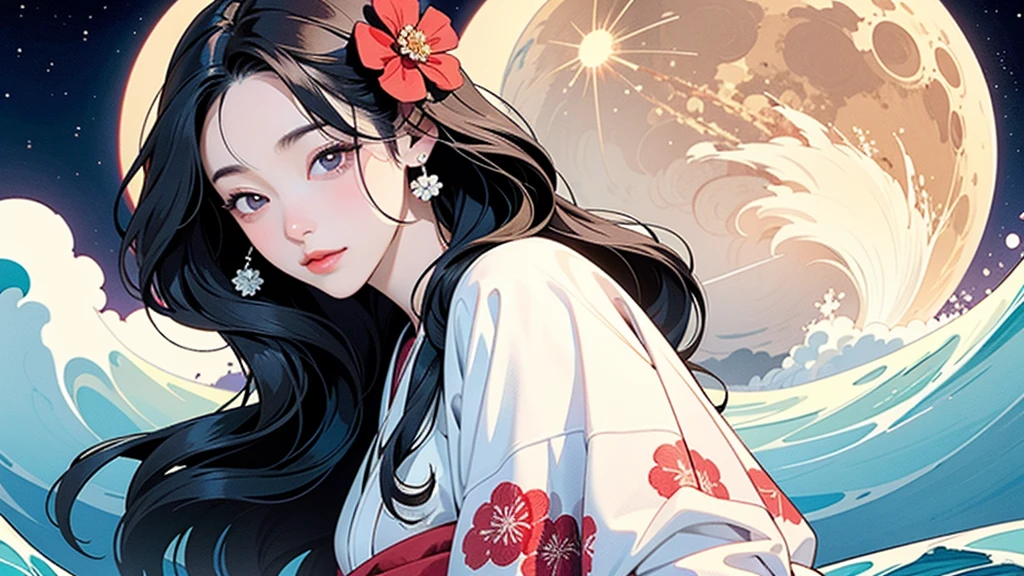 (Highest quality、masterpiece、High resolution、8K)、ukiyo-e、Vibrant colors、1 female、The kimono has a vivid floral pattern on a white background..、Katsushika Hokusai、white waves and Mt. Fuji Mountain、white waves, Moon and woman、white waves, Boat and woman、white waves and a woman、Long black hair、white waves and a womanとカモメ、Official Art、Detailed CG、