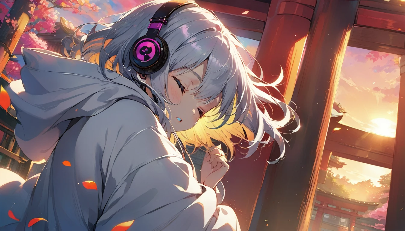 ((Masterpiece)), ((best quality)), (Anime:1.3), (super detail:1.2), (High Definition:1.3), (Professional Photography:1.3), cute young Girl, (pray hands:1.5), (Look down:1.3), (closed eyes:2), (Her not looking at camera), Glossy unruly hair, (loose swept bangs), (silver ash hair), medium hair, big eyes, (Eye bags:1.3), (Long eyelashes), colorful eyes, (frown), Glossy lips, (jagged teeth), ((white hoodie with oversized)), barearms, cute, (colorful:1.3), gothic makeup, Early morning, (standing), (at Shinto Shrine), colorful petals dance around her, beautiful sunset, wearing headphones, (from side),