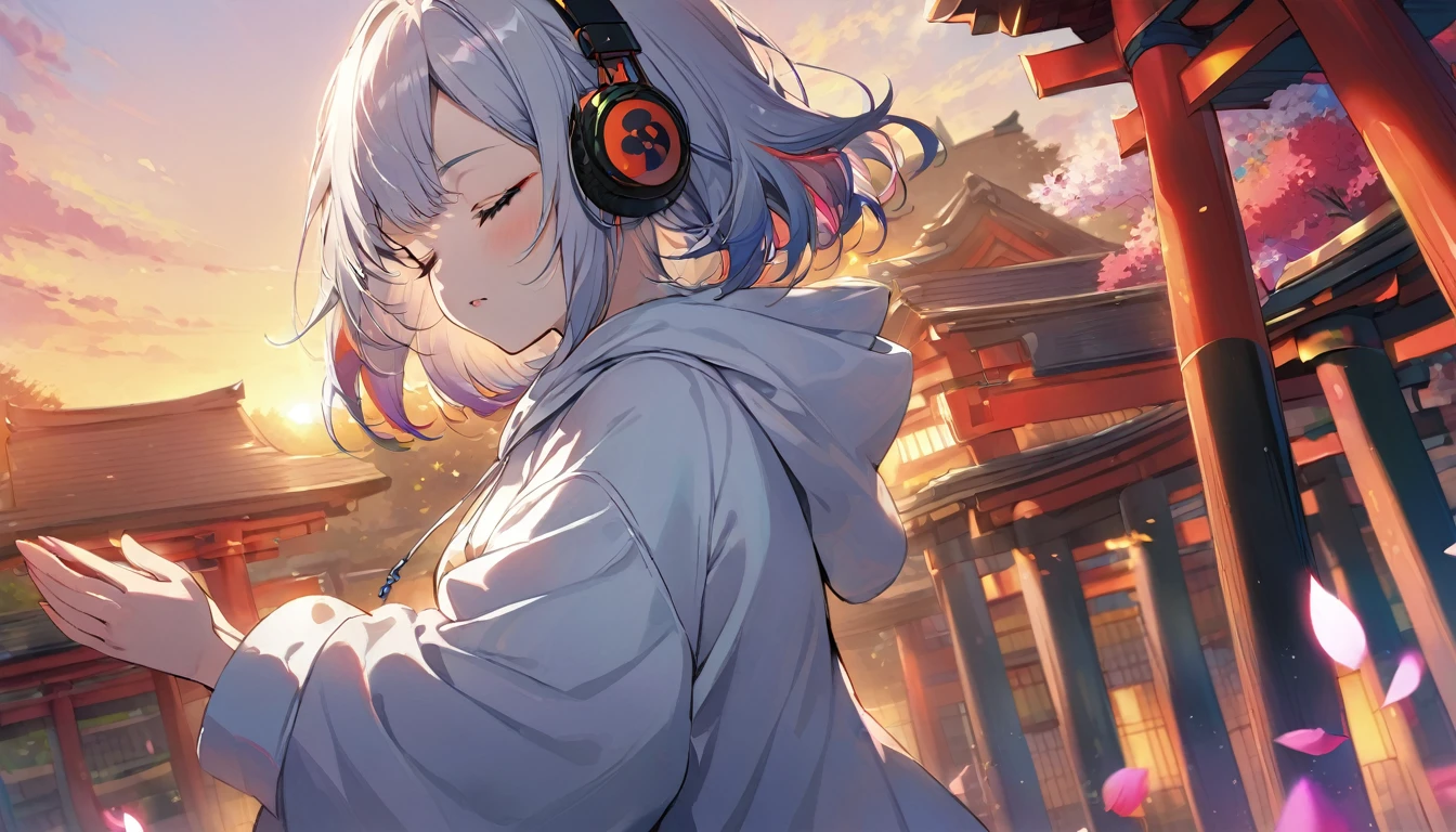 ((Masterpiece)), ((best quality)), (Anime:1.3), (super detail:1.2), (High Definition:1.3), (Professional Photography:1.3), cute young Girl, (pray hands:1.5), (Look down:1.3), (closed eyes:2), (Her not looking at camera), Glossy unruly hair, (loose swept bangs), (silver ash hair), medium hair, big eyes, (Eye bags:1.3), (Long eyelashes), colorful eyes, (frown), Glossy lips, (jagged teeth), ((white hoodie with oversized)), barearms, cute, (colorful:1.3), gothic makeup, Early morning, (standing), (at Shinto Shrine), colorful petals dance around her, beautiful sunset, wearing headphones, (from side),
