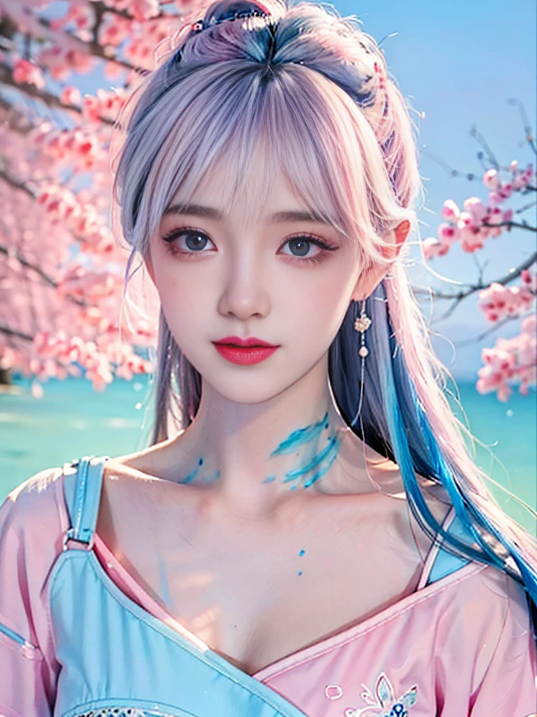 （masterpiece、Best quality、high resolution），White background，acrylic paint，（（Splash of Color，Ink splash、Splash of Color）），Sweet Chinese girl，light blue长发，[light blue|Pink big breasts]hair，curls，sparkling，Pink lips，White top，front，Upper part of the body，