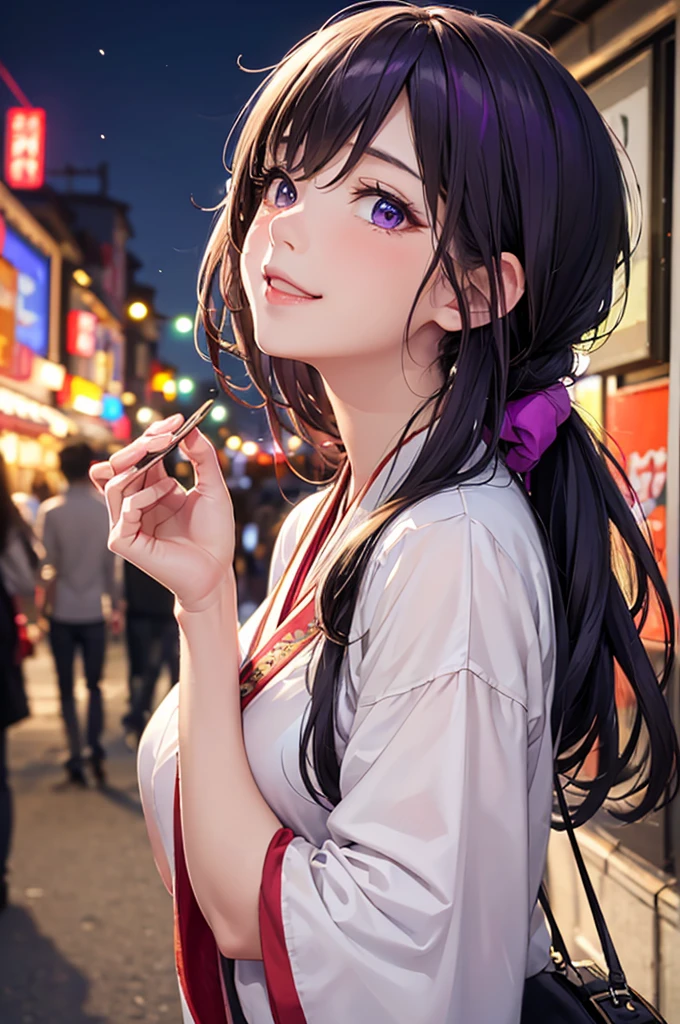 (Best Quality,High resolution,8K,finelity detailed background,Masterpiece:1.2),beautiful girl,Shiny purple hair,pony tail,Beautiful purple eyes,Gentle look,A refreshing look,Best quality,Best Quality,Aesthetic and aesthetic:1.2,Best details((Super detailed))(High-definition CG illustrations),cute浴衣,Slender body,night,firework大会,firework,Japanese Festivals,fan,street vendors,smile,blush,cute,Scrounge,Looking up,Being spoiled,super model,