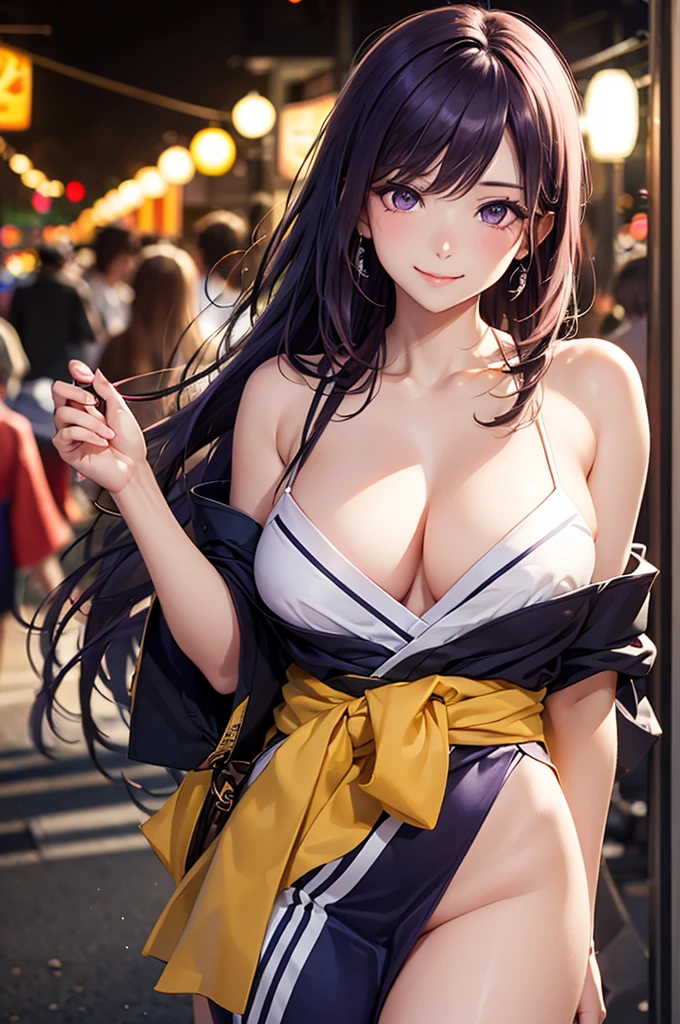 (Best Quality,High resolution,8K,finelity detailed background,Masterpiece:1.2),beautiful girl,Shiny purple hair,pony tail,Beautiful purple eyes,Gentle look,A refreshing look,Best quality,Best Quality,Aesthetic and aesthetic:1.2,Best details((Super detailed))(High-definition CG illustrations),cute浴衣,Slender body,night,firework大会,firework,Japanese Festivals,fan,street vendors,smile,blush,cute,Scrounge,Looking up,Being spoiled,super model,