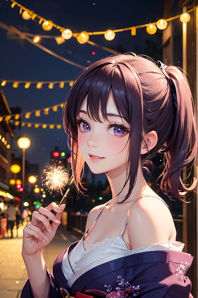 (Best Quality,High resolution,8K,finelity detailed background,Masterpiece:1.2),beautiful girl,Shiny purple hair,pony tail,Beautiful purple eyes,Gentle look,A refreshing look,Best quality,Best Quality,Aesthetic and aesthetic:1.2,Best details((Super detailed))(High-definition CG illustrations),cute浴衣,Slender body,night,firework大会,firework,Japanese Festivals,fan,street vendors,smile,blush,cute,Scrounge,Looking up,Being spoiled,super model,