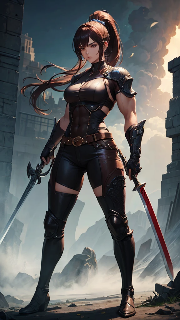 (masterpiece, 4K ,Super detailed:1.2), (anime:1), (Perfect quality), The whole body is shown, View Viewer, Holding a sword, ponytail, Muscular and ultra violent women, Powerfully々And, epic female swordsman, RPG concept art character