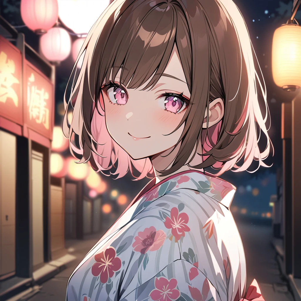 good looking, alone, 1 female, Medium Hair, Brown Hair, Pink highlights on the tip, Pale pink eyes,Smile Facial,yukata,night,