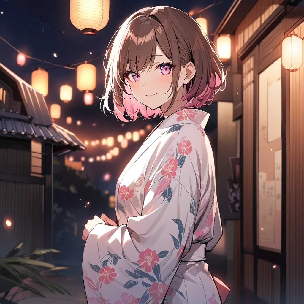 good looking, alone, 1 female, Medium Hair, Brown Hair, Pink highlights on the tip, Pale pink eyes,Smile Facial,yukata,night,