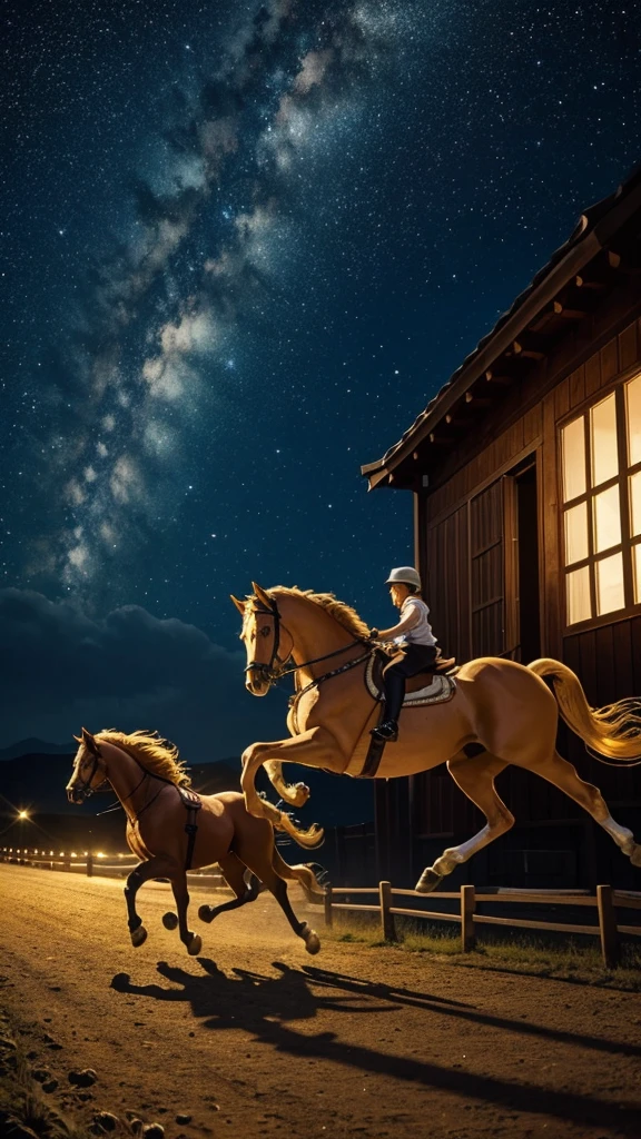 A golden horse galloping through the starry night sky。After running, treasures will appear.。