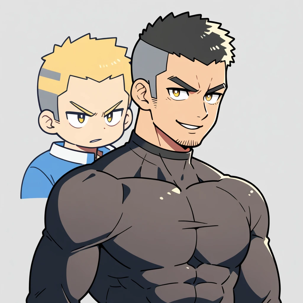anime characters：Gyee, Muscle Sports Student, Buzz Cut，Manliness, male focus, Mike White high collar long sleeve tight T-shirt, Slightly transparent material, Very tight, Round, full and perky chest muscles, Slightly transparent, muscular male, muscular, only, Upper body, alone, Black short hair, Thick eyebrows, stubble, Yellow eyes, Grey background, simple background, amazing quality, best aesthetics, Ridiculous, bright pupils, crew cut, parted lips, seductive smile, torogao, naughty face, drop shadow, best quality