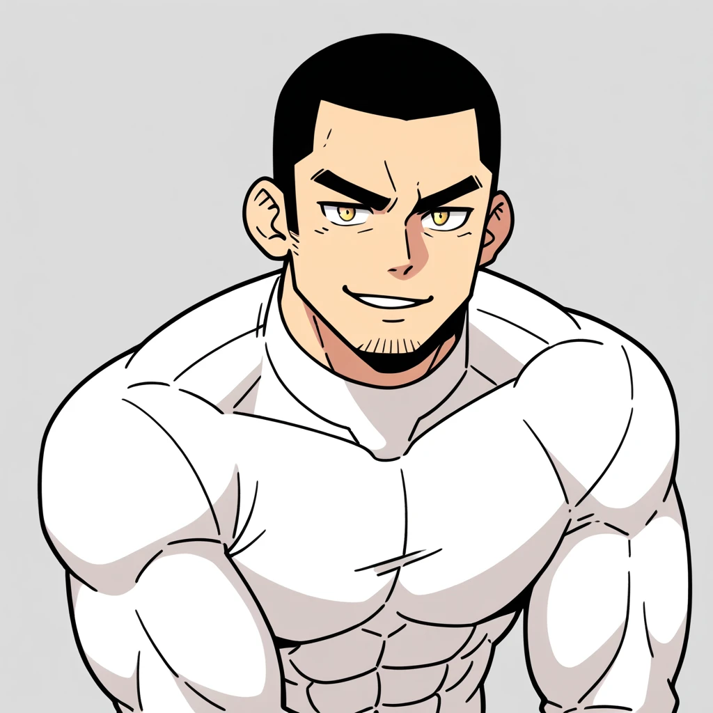 anime characters:Gyee, Muscle Sports Student, Buzz Cut,Manliness, male focus, Mike White high collar long sleeve tight T-shirt, Slightly transparent material, Very tight, Round, full and perky chest muscles, Slightly transparent, muscular male, muscular, only, Upper body, alone, Black short hair, Thick eyebrows, stubble, Yellow eyes, Grey background, simple background, amazing quality, best aesthetics, Ridiculous, bright pupils, crew cut, parted lips, seductive smile, torogao, naughty face, drop shadow, best quality