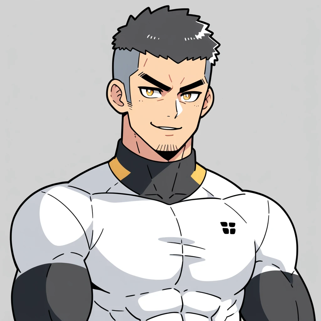anime characters:Gyee, Muscle Sports Student, Buzz Cut,Manliness, male focus, Mike White high collar long sleeve tight T-shirt, Slightly transparent material, Very tight, Round, full and perky chest muscles, Slightly transparent, muscular male, muscular, only, Upper body, alone, Black short hair, Thick eyebrows, stubble, Yellow eyes, Grey background, simple background, amazing quality, best aesthetics, Ridiculous, bright pupils, crew cut, parted lips, seductive smile, torogao, naughty face, drop shadow, best quality