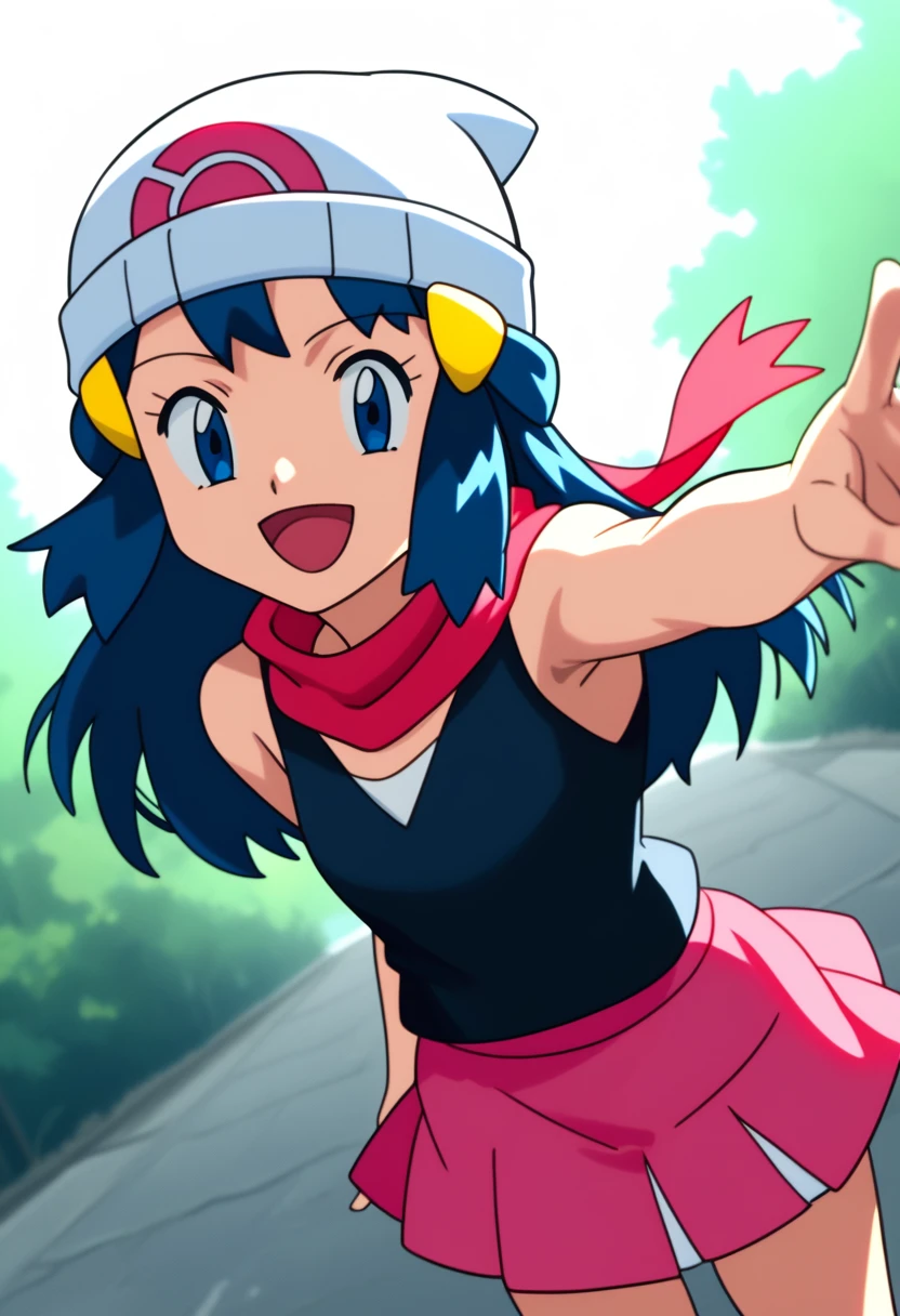 score_9, score_8_up, score_7_up, source anime, anime, animification, anime screencap, anime coloring, vivid colors, shiny skin, skindentation, deep skin, depth of field, high quality, highres, (dynamic angle,dynamic pose), dawncheerxl, 1girl, solo, long hair, looking at viewer, smile, open mouth, blue eyes,beanie, black sleeveless shirt, pink scarf, pink skirt, pink boots,outdoors, hair ornament, sky, holding, blue hair, :d, sidelocks, tongue, socks, hairclip, eyelashes , dawn \(pokemon\) BREAK masterpiece,high quality