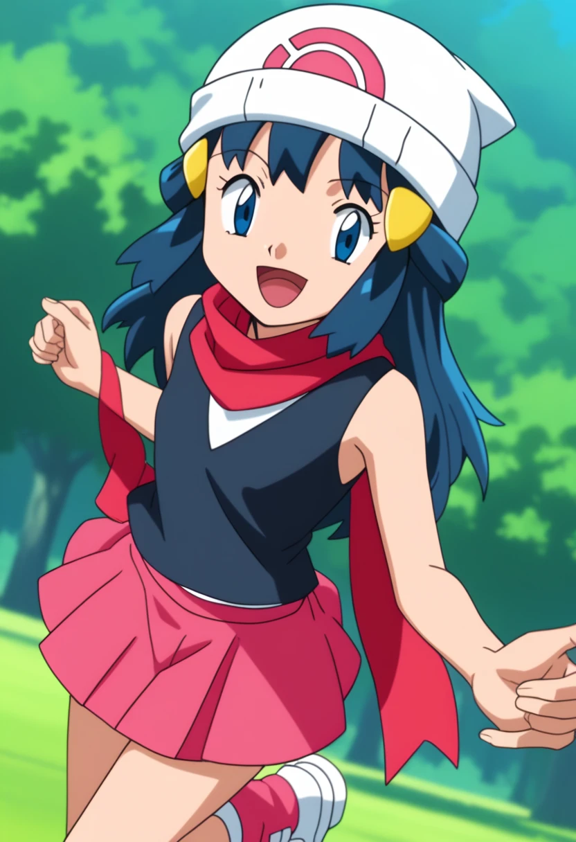 score_9, score_8_up, score_7_up, source anime, anime, animification, anime screencap, anime coloring, vivid colors, shiny skin, skindentation, deep skin, depth of field, high quality, highres, (dynamic angle,dynamic pose), dawncheerxl, 1girl, solo, long hair, looking at viewer, smile, open mouth, blue eyes,beanie, black sleeveless shirt, pink scarf, pink skirt, pink boots,outdoors, hair ornament, sky, holding, blue hair, :d, sidelocks, tongue, socks, hairclip, eyelashes , dawn \(pokemon\) BREAK masterpiece,high quality