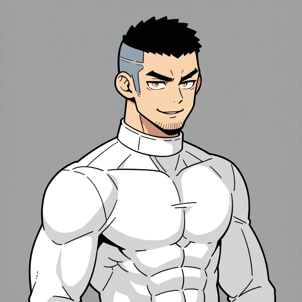 anime characters:Gyee, Muscle Sports Student, Buzz Cut,Manliness, male focus, Mike White high collar long sleeve tight T-shirt, Slightly transparent material, Very tight, Round, full and perky chest muscles, Slightly transparent, muscular male, muscular, only, Upper body, alone, Black short hair, Thick eyebrows, stubble, Yellow eyes, Grey background, simple background, amazing quality, best aesthetics, Ridiculous, bright pupils, crew cut, parted lips, seductive smile, torogao, naughty face, drop shadow, best quality