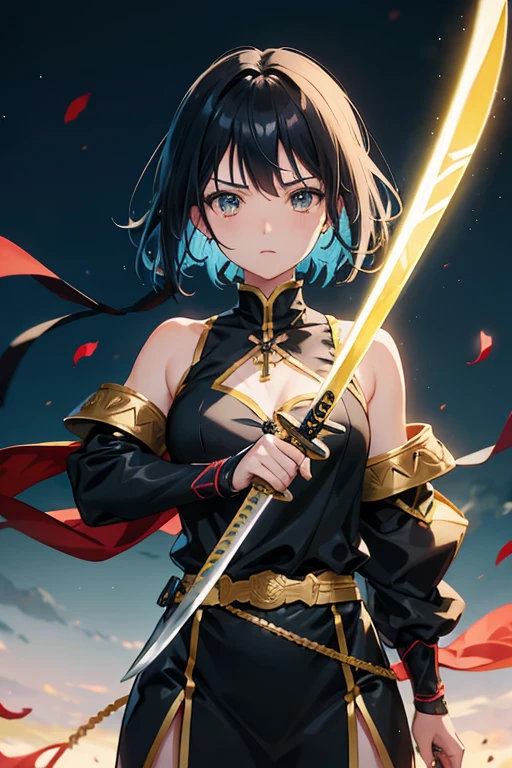 Anime girl holding sword katana, anime, short black hair with neon blue highlights, hair is above shoulder height smooth beautiful, ready to attack, one hand on sword, background of moon 4k, anime art, pendant on hair, cross t necklace, sword pointing front, Golden armor yellow clothing