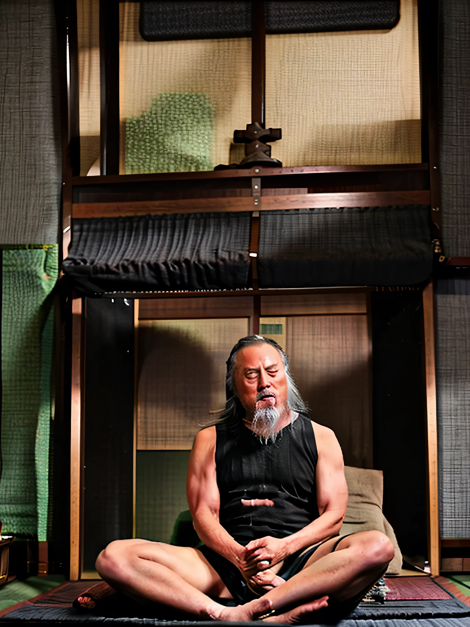 A middle-aged man sitting with his arms down in front of him、Tatami room、whole body、Japanese、Hairy Men、Highest quality、High resolution、Sitting cross-legged、A man wearing shorts、Open your mouth、Close ~ eyes、Grey-haired man、sit on tatami、Image seen from the side、Landscape