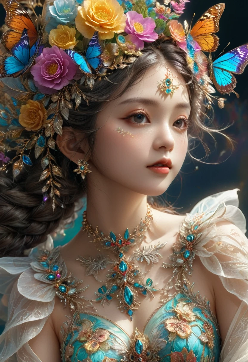 (masterpiece, Highest quality, Highest quality, Official Art, beautifully、aesthetic:1.2), (One girl), Very detailed,(Fractal Art:1.3),colorful,Most detailed,Upper Body, [race],[jewelry],[flower],[[butterfly]],