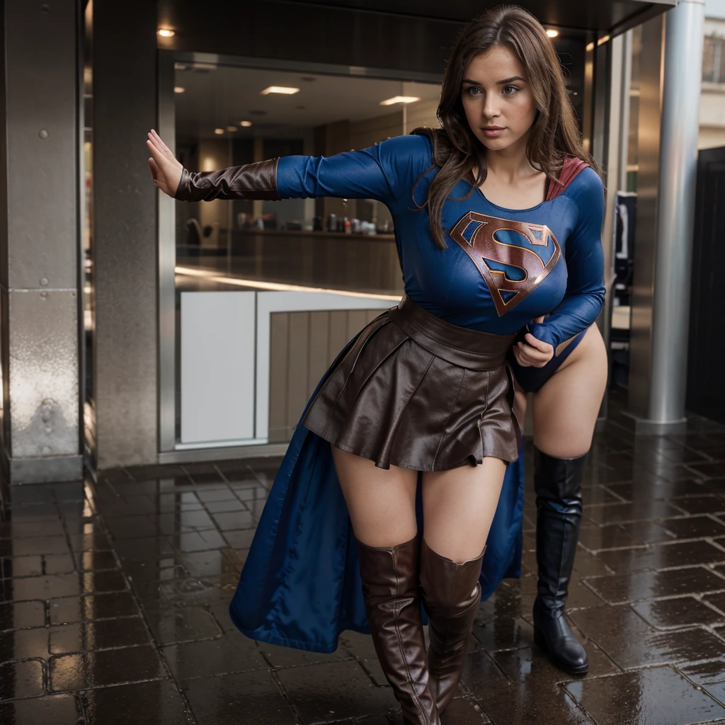 Corps de femme ensemble gros seins, Robe de costume de Supergirl, Qualité 16k, hyper détaillé avec des collants noirs bas noirs, bottes, sous la pluie