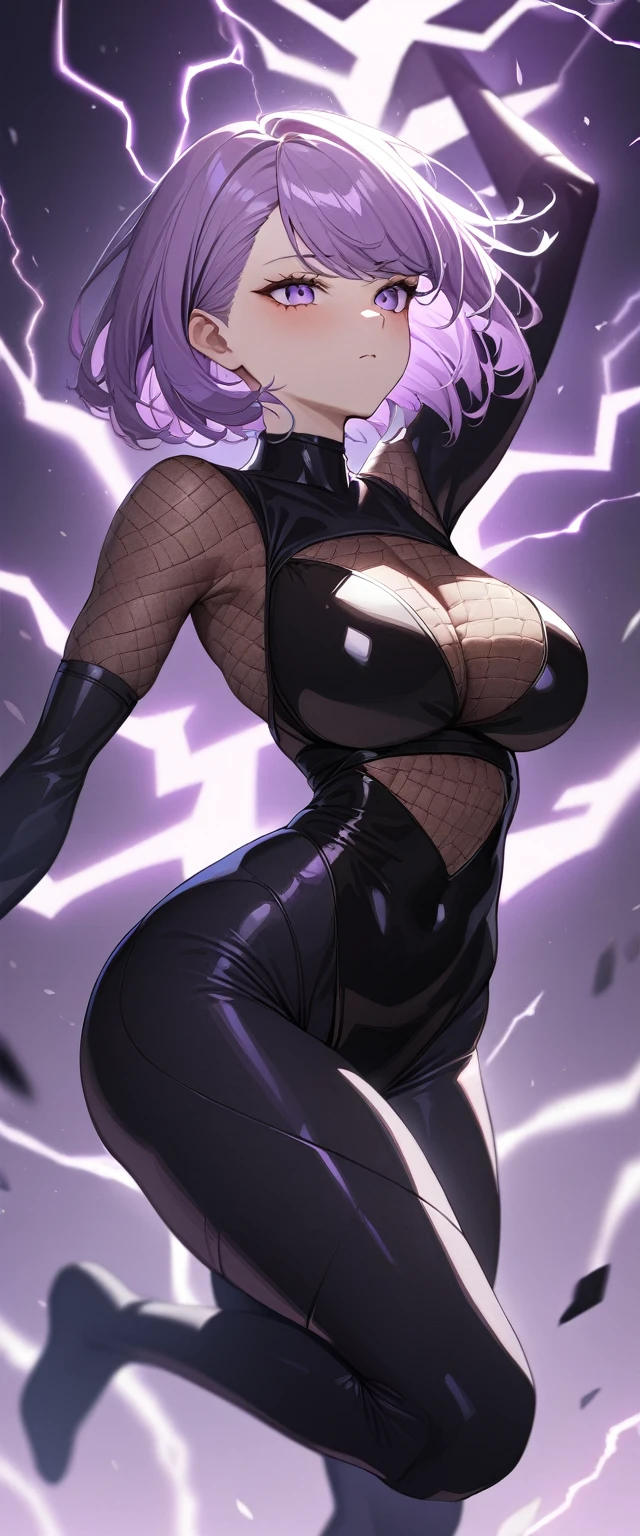 1girl,solo,super detailed skin,shiny skin,expressionless face,pale purple hair,short hair,swept bangs ,large breasts,bodysuit,(ninja clothes:1.2),fishnet ,arm up,jumping ,lightning,simple background,masterpiece,best quality,ultra detailed,high resolution,sharp focus,depth of field