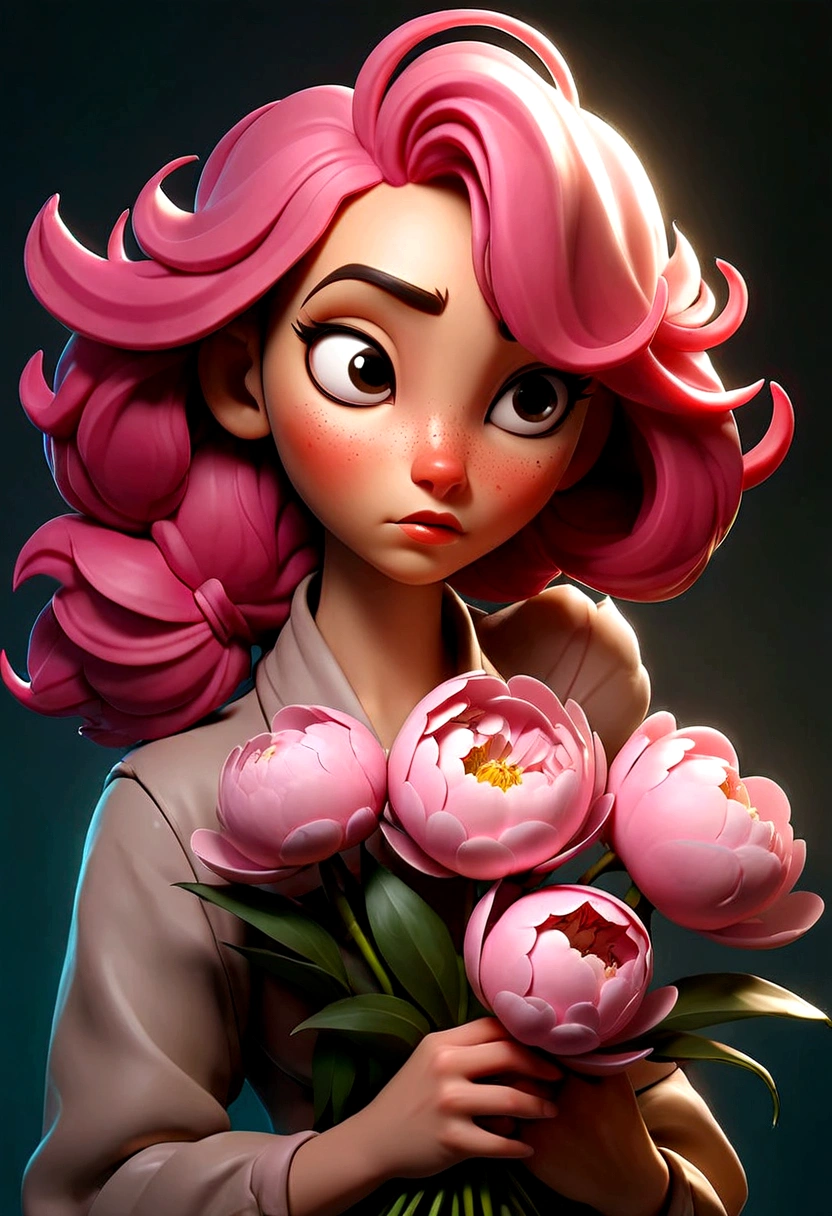 A girl holds a bouquet of peonies in her hands