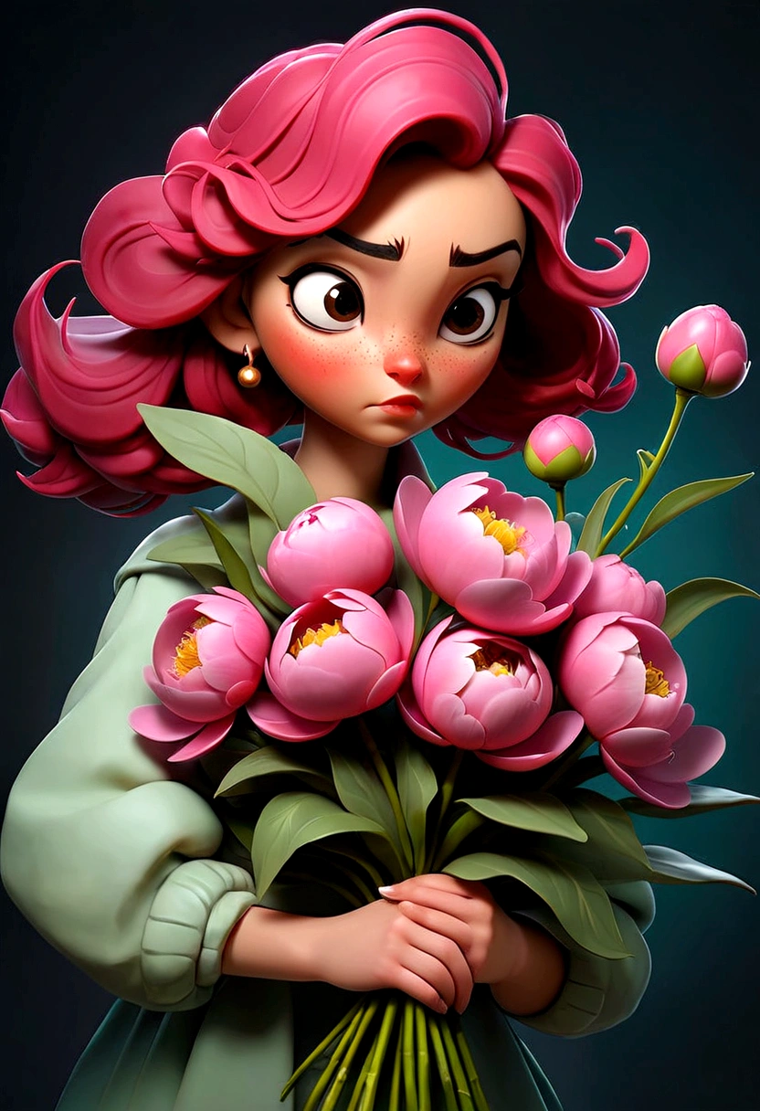 A girl holds a bouquet of peonies in her hands