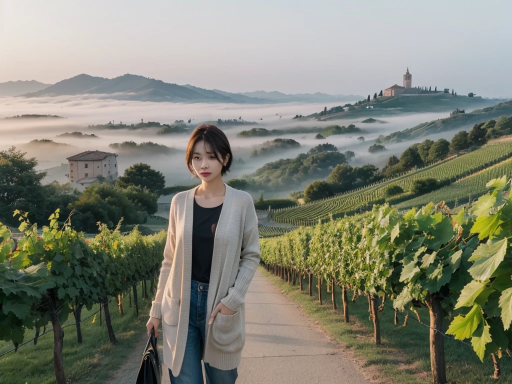 8k best picture quality, Beautiful 36-year-old Korean woman, short and nice weather. Chest size 34 inches, Dense fog at dawn in the Italian countryside, past the vineyard, The cathedral can be seen in the fog on a hill in the distance., The back background is realistic and vivid image quality, Short and medium hair blowing in the wind, Wearing high-end luxury brand travel clothes, Casual pants and cardigan., a faint smile. the background is clear, Short and slim Korean woman, stand far away, Photo taken with a wide-angle lens, Dawn fog