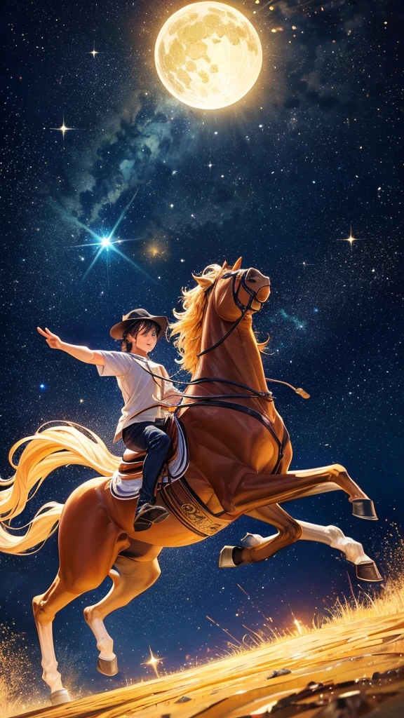 A golden horse galloping through the starry night sky。After running, treasures will appear.。