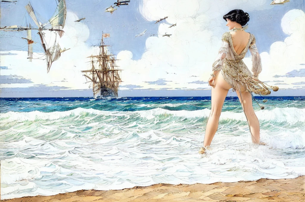 painting of a woman walking on the beach with a ship in the background, milo manara - h 1 2 0 0, milo manara, milo manara style, inspired by Richard Dadd, coming ashore, by Robert McGinnis, inspired by Milo Manara, by José Comas Quesada, at the sea