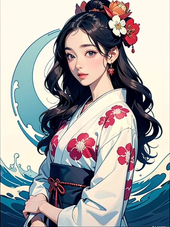 (Highest quality、masterpiece、High resolution、8K)、Ukiyo-e、Vibrant colors、1 female、The kimono has a vivid floral pattern on a white background.、Katsushika Hokusai、White waves and Mt. Fuji、White waves, the moon and a woman、White waves, a boat and a woman、White waves and a woman、Long Black Hair、White waves and a womanとカモメ、Official Art、Detailed CG、
