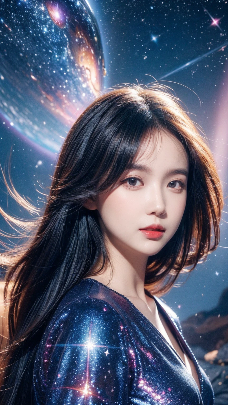 High Detail, Super Detail, Ultra-high resolution, Girl enjoying time in fantasy galaxy, Surrounded by stars, The warm light shines on her, Background is starry sky,There are colorful galaxies and galaxy clouds, Stars flew around her, Delicate face, Add a fun atmosphere ,