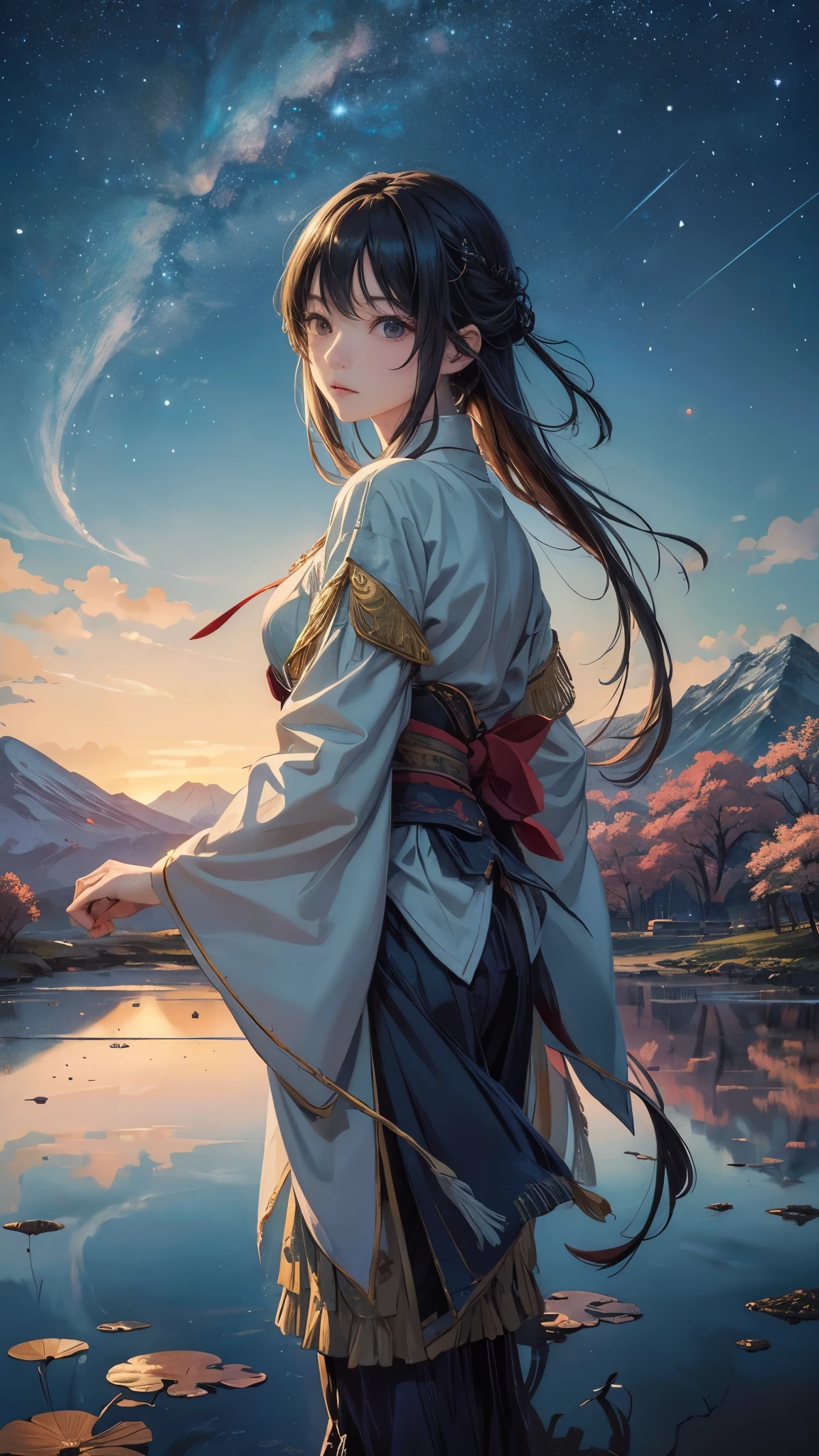 High quality masterpiece、landscape、Bright starry sky、Pixiv、Concept Art、Lofi Artスタイル、reflection。Xin Haicheng、Lofi Art、Beautiful anime scene、アニメlandscape、詳細なlandscape - 幅672、Xin Haichengのスタイル、Xin Haichengのスタイル、Enhanced Details、Japanese countryside、