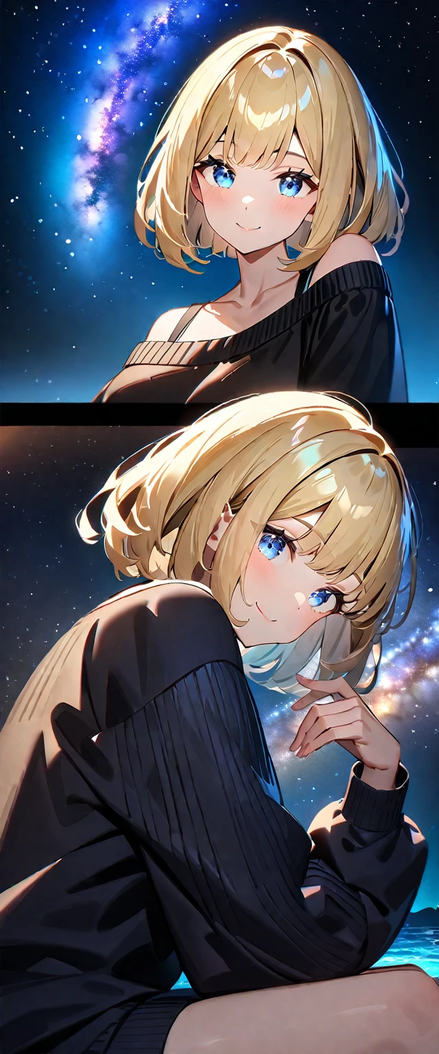 ((reaching)), (((focus on face))), ((extreme close up face)), (((a beautiful starry sky, the Milky Way shining beautifully in the night))), ((off-shoulder sweater:1.3, Quite thick shoulder straps)), ((black sweater)), ((Aran sweater)), ((((from side)))), ((sitting on the very high cliff)), wavy hair, inward curled hair, sea, ((blond hair, bob cut:1.3)), breasts, ager, (looking at viewer), oversized clothes, puffy long sleeves, collarbone, head tilt:1.3, (((blue eyes))), happy smile, (((anime style))), (best quality, 4K, 8K, highres, masterpiece:1.2, ultra-detailed, ultra-detailed eyes, HDR, uhd, studio lighting, ultra-fine painting, sharp focus, physically-based rendering, extreme detail description, professional, vivid colors, bokeh)