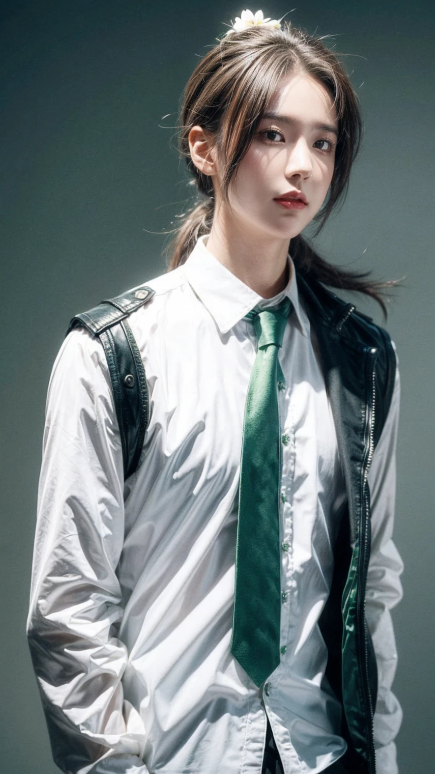 and change, Brown Ponytail, White skin, Short man, Green Eyes, masterpiece, punk jacket, White shirt, Green tie, Shoulders open, Open sleeves, A faint smile, flower, Quiet, restraint, (Concept Art)