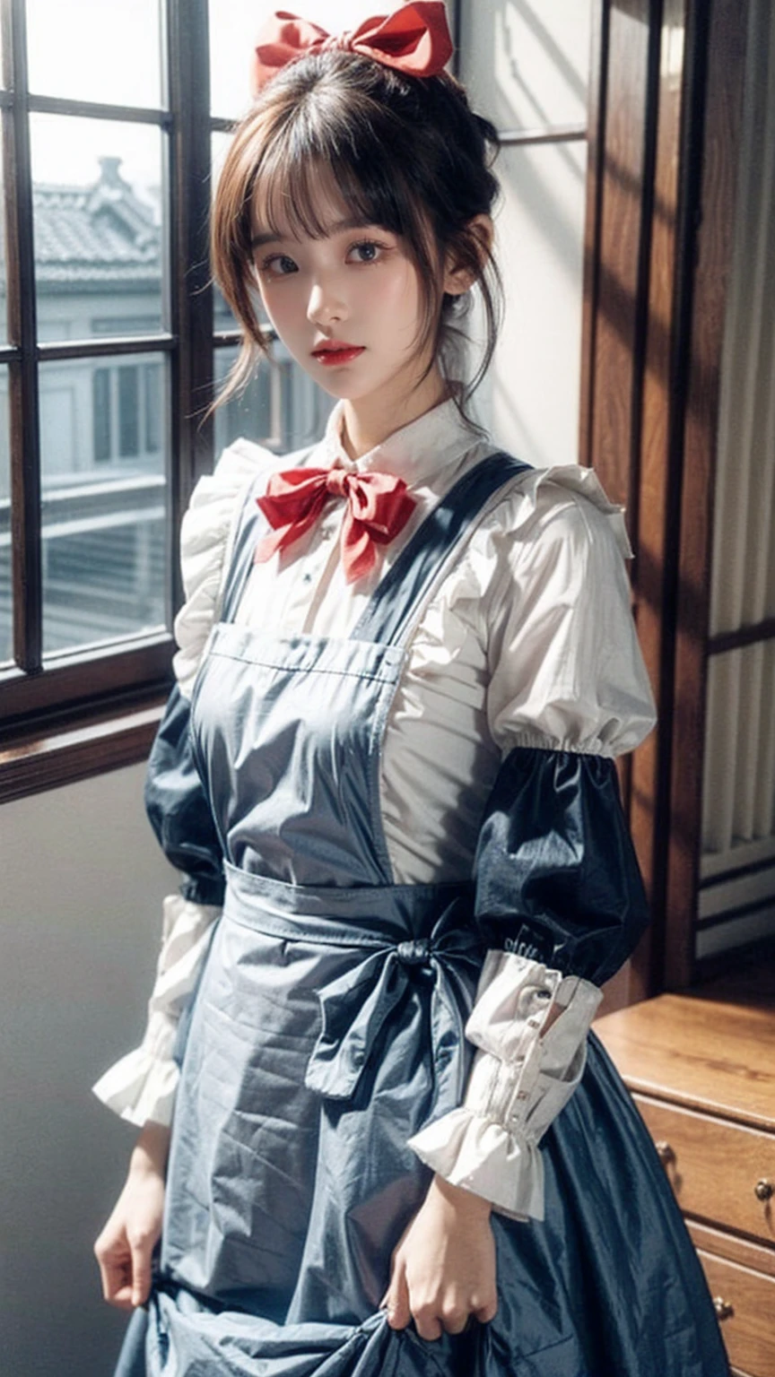 masterpiece,best quality,Japanese cartoons,(2D:1.2),indoors, , 1 Girl, roswaal mansion maid uniform, Solitary, maid, Blue eyes, short hair,bow hairband, Hair between the eyes, Separate sleeves, Looking at the audience, Red hair band,Ribbon, Bangs, look back, bow, Orange Hair,red Ribbon, Black sleeves, window, Long sleeve, apron, white bow, Ruffles,Ribbon trim,A faint smile, own hands,