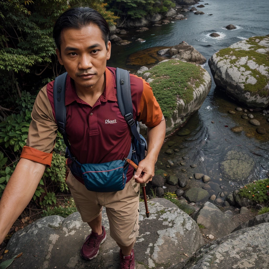 (POV) Javanese man with an oval face, rather thin, wearing a checkered flannel shirt with a combination of colors ((maroon and dark blue)), standing on the edge of a steep cliff, carrying a carrier backpack ((deuter 80kg)) colored ((red maroon)), wearing ((beige)) colored cargo shorts, carrying ((orange)) colored trekking poles, with a backdrop of dense forest, fog, small rocky river, top view, 4d, 32k UHD, realistic photography, ultra detailed, reflective surfaces.