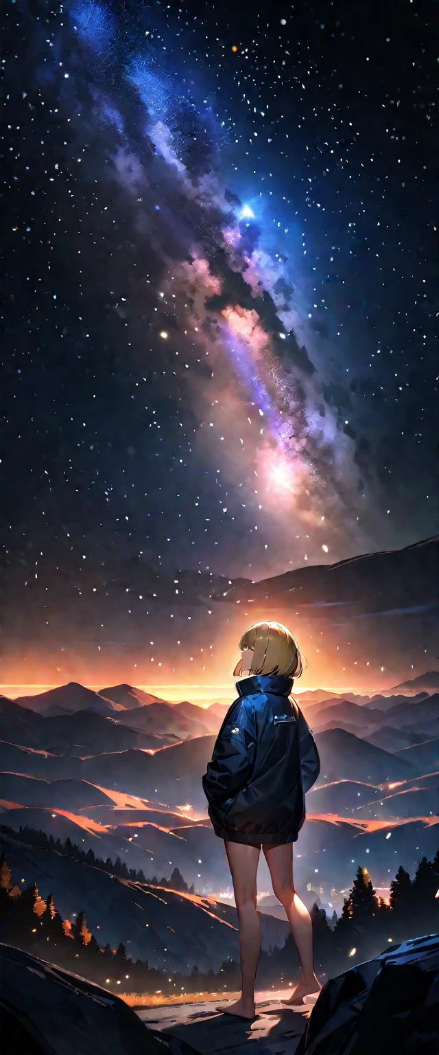(((A meteor shower dancing in the night sky, countless stars twinkling in the clear air, a beautiful starry sky, the Milky Way shining beautifully in the night))), high collar, hands in pockets, looking up, mountain, wide shot, back shot, a girl, bob cut, bare legs, bare foot, blond hair, (best quality, 4K, 8K, highres, masterpiece:1.2, ultra-detailed, HDR, uhd, studio lighting, ultra-fine painting, sharp focus, physically-based rendering, extreme detail description, professional, vivid colors, bokeh)