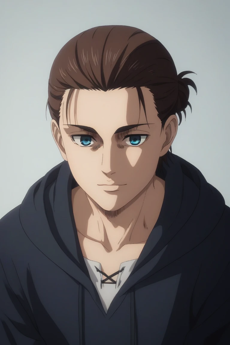 score_9, score_8_up, score_7_up, source_anime, rating_safe, , (3d:0.4), , , 1boy, solo, male focus, eren_yeager_s4, brown hair, blue eyes, short hair, hair bun, single hair bun, , upper body, mont saint michel, dawn, v arms, light smile, black Jersey, 