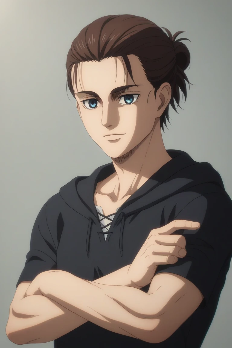 score_9, score_8_up, score_7_up, source_anime, rating_safe, , (3d:0.4), , , 1boy, solo, male focus, eren_yeager_s4, brown hair, blue eyes, short hair, hair bun, single hair bun, , upper body, mont saint michel, dawn, v arms, light smile, black Jersey, 