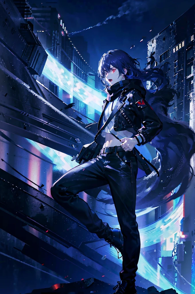 1boys, serious, angry expression, open mouth, teal color hair, cool wavy hairstyle, green eyes, wearing white shirt, wearing long black scarf, wearing black ripped jeans, wearing unique red shoes, blue electricity coming out of hands, crossing arms, attacking fighting position. 1boy, back side view, serious, angry expression, gritting his teeth, purple hair, white hair bangs highlight, red eyes,  wearing dark cherry color sweater, wearing small black and white chest armor, wearing black baggy trousers, wearing dark red and white futuristic shoes, holding futuristic revolver on right hand pointing, revolver surrounded with blue electricity, left arm in front, offensive fighting position night time, destroyed city background, high res, ultrasharp, 8K, masterpiece.