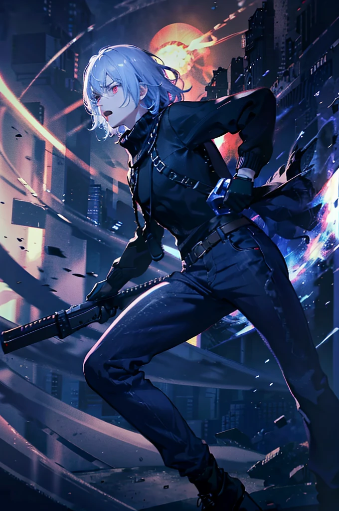 1boys, serious, angry expression, open mouth, teal color hair, cool wavy hairstyle, green eyes, wearing white shirt, wearing long black scarf, wearing black ripped jeans, wearing unique red shoes, blue electricity coming out of hands, crossing arms, attacking fighting position. 1boy, back side view, serious, angry expression, gritting his teeth, purple hair, white hair bangs highlight, red eyes, wearing dark cherry color sweater, wearing small black and white chest armor, wearing black baggy trousers, wearing dark red and white futuristic shoes, holding futuristic revolver on right hand pointing, revolver surrounded with blue electricity, left arm in front, offensive fighting position night time, destroyed city background, high res, ultrasharp, 8K, masterpiece.