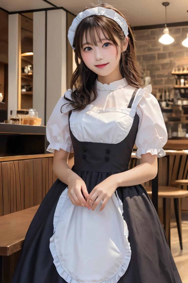 Highest quality, (beautiful)、Extremely delicate eye design、Brown maid outfit、Soft 、Cafe