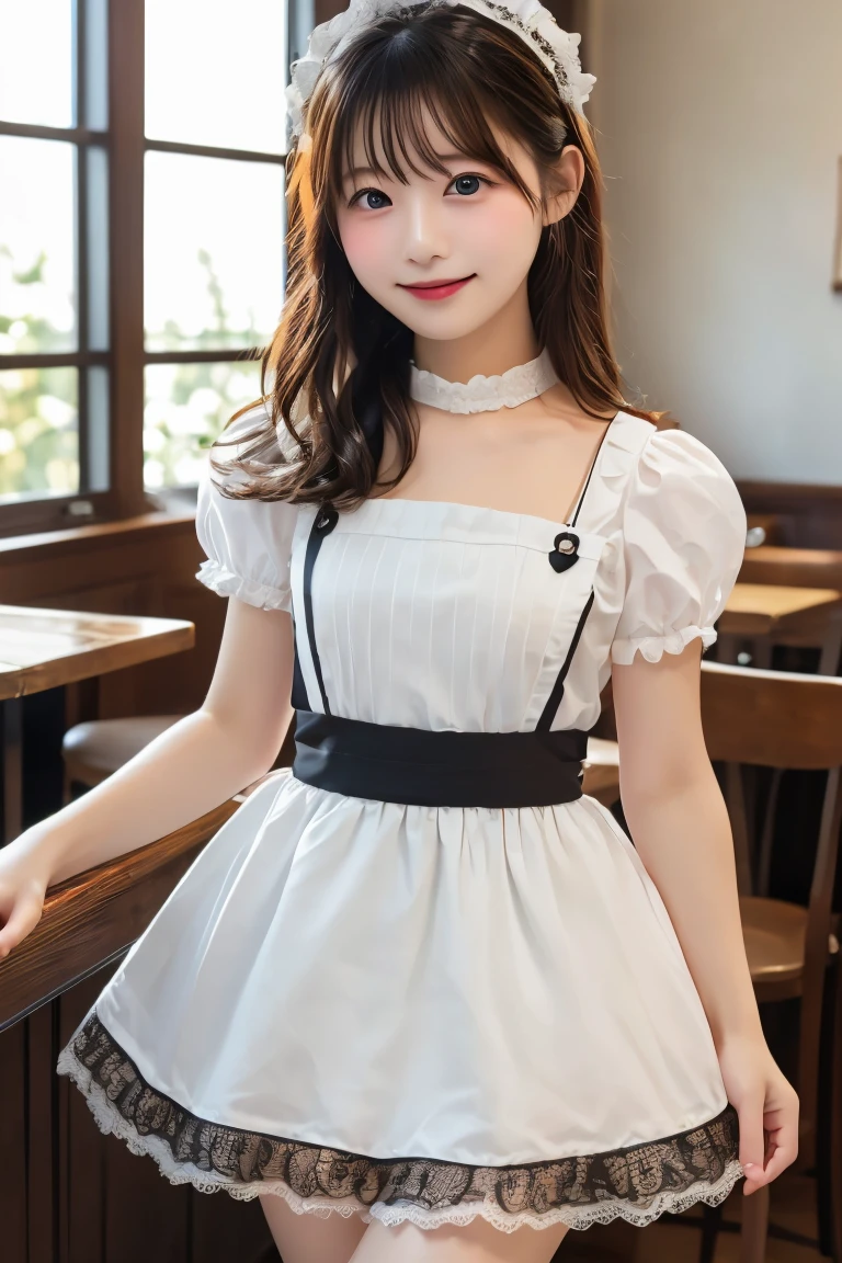 Highest quality, (beautiful)、Extremely delicate eye design、Brown maid outfit、Soft 、Cafe