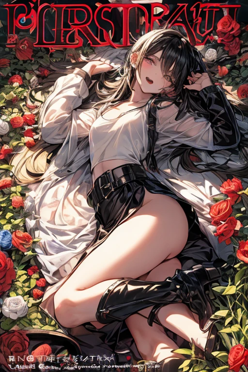 (small breasts:1.2), (perky chest:1.2), (pointed chest:1.2), (Pudding cake magazine cover:1.3),(from above:1.0),(shoot from the side:1.1),masterpiece, 1girl, Amazing Cleavage:1.1, thin waist, optimum,tmasterpiece,hight resolution,best qualtiy,hyper HD,super detailing,awardwinning,a 18yo cute girl,(The upper part of the body),anatomy correct,Beautiful Black miniskirt,garters,Gaze,Small face,bangss,holster,Beautuful Women,hands up,leg holster,Gaze,black boots,Cowboy Shot,cute face,a blond,Longhaire,Twin-tailed,Braids, Hairline,(scarlet eyes),long eyelasher,Hanging eye corners,White skin of the, ((see through camisole:1.1)), ((Sheer nipples:1.0)),Rocket Tits,(Slim body),smile,seductive weak smiling,(with sparkling eyes and a contagious smile),little open mouth, Looking at Viewer,