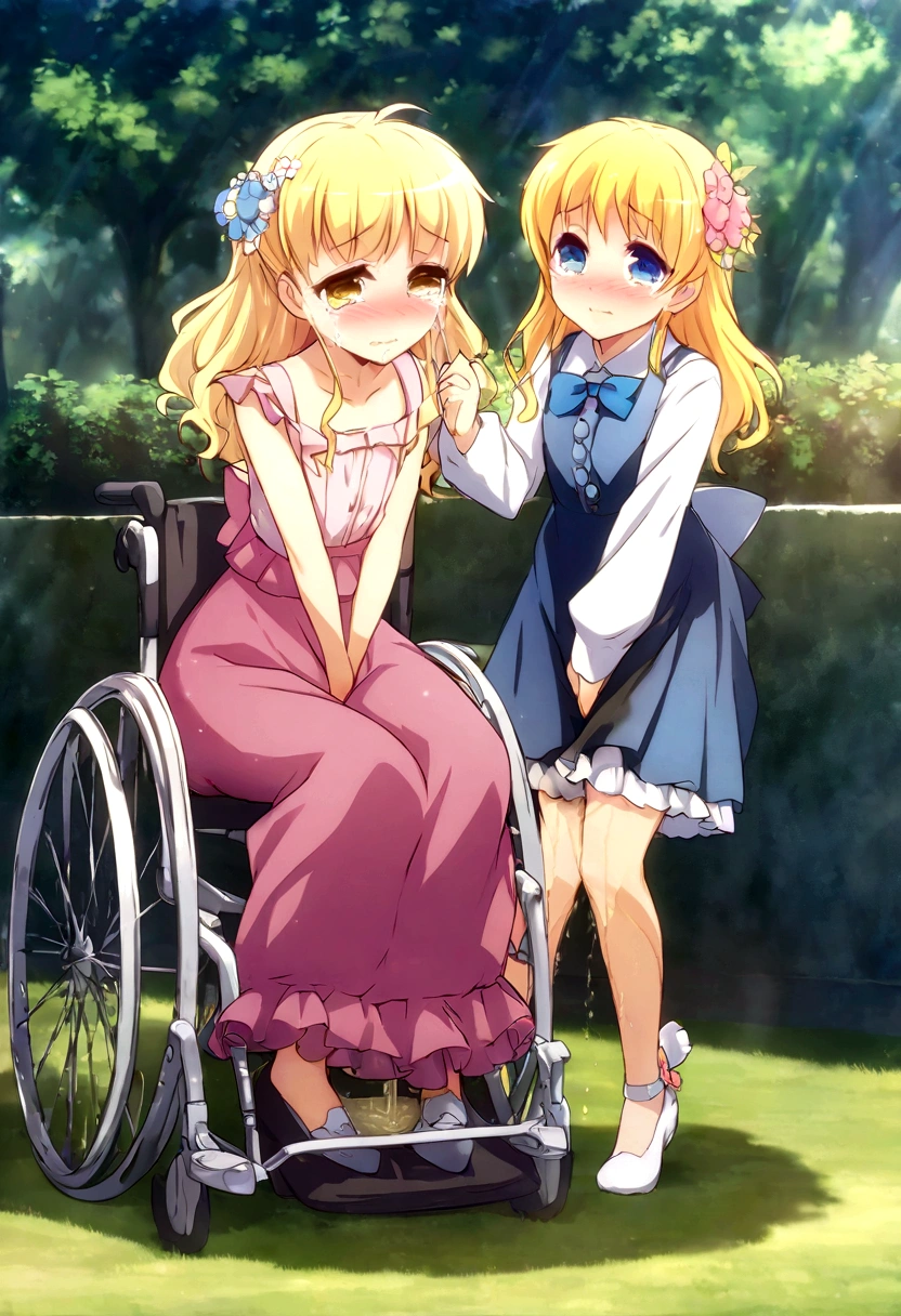 Anime. 1 girl. Baby. Princess. Blonde. Long hair. Blue eyes. Beautiful eyes. Perfect eyes. Expressive eyes. Eyes covered with a faded film. Blind eyes. Blind. Ideal face. Ideal anatomical body. Beautiful long legs. Beautiful body. Beautiful nose. ************. Embarrassment. Blush. Beautiful character design. Shiny skin. Light white dress. Shoes. Hair decorations. Disabled person. Paralytic. Sitting. Wheelchair. Hands on crotch. Urinary incontinence. Wants to pee. She needs to pee. She has a strong, desperate urge to pee. He squeezes his crotch tightly. Rubs copper. Slight lean forward. She peed herself. Fantasy city. A park. Date. He takes off his wet panties. Tears in my eyes. Cry. Snot flows from the nose. Full body. nsfw. Official art. Extremely detailed CG Unity 8k wallpaper. Ideal lighting. Ultra high resolution 4K. Super detailed 8K. A high resolution.