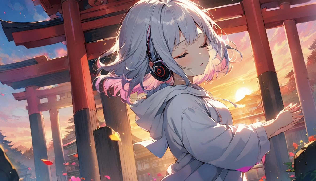 ((Masterpiece)), ((best quality)), (Anime:1.3), (super detail:1.2), (High Definition:1.3), (Professional Photography:1.3), cute young Girl, (pray hands:1.5), (Look down:1.3), (closed eyes:2), (Her not looking at camera), Glossy unruly hair, (loose swept bangs), (silver ash hair), medium hair, big eyes, (Eye bags:1.3), (Long eyelashes), colorful eyes, (frown), Glossy lips, (jagged teeth), ((white hoodie with oversized)), barearms, cute, (colorful:1.3), gothic makeup, Early morning, (standing:1.3), (at Shinto Shrine), colorful petals dance around her, beautiful sunset, wearing headphones, (from side),
