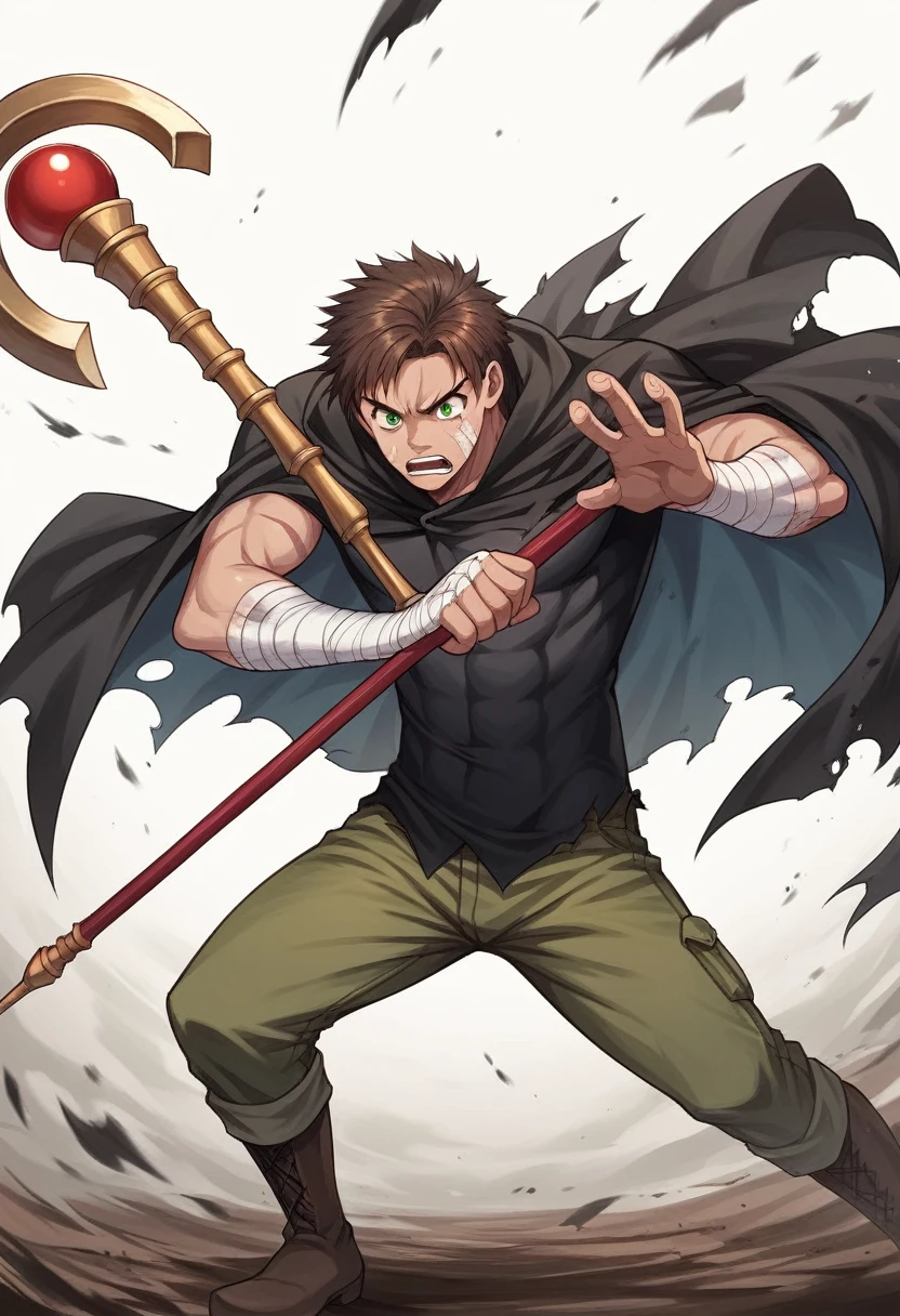 source_anime, score_9, score_8_up, score_7_up, score_6_up, score_5_up, score_4_up, masterpiece, best quality, detailed, 8k, brown hair, green eyes, man, 1boy, solo standing, fighting stance, magician, ripped cloak, torn cloak, holding a wooden staff, black skin tight shirt, bandaged arms, boots, cargo pants, scared face, scars,