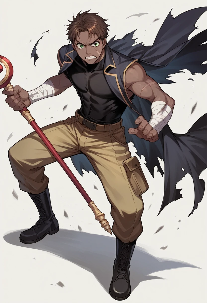 source_anime, score_9, score_8_up, score_7_up, score_6_up, score_5_up, score_4_up, masterpiece, best quality, detailed, 8k, brown hair, green eyes, man, 1boy, solo standing, fighting stance, magician, ripped cloak, torn cloak, holding a wooden staff, black skin tight shirt, bandaged arms, boots, cargo pants, scared face, scars,