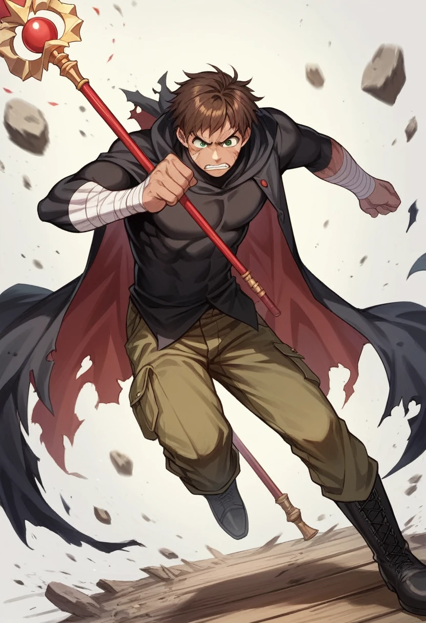 source_anime, score_9, score_8_up, score_7_up, score_6_up, score_5_up, score_4_up, masterpiece, best quality, detailed, 8k, brown hair, green eyes, man, 1boy, solo standing, fighting stance, magician, ripped cloak, torn cloak, holding a wooden staff, black skin tight shirt, bandaged arms, boots, cargo pants, scared face, scars,