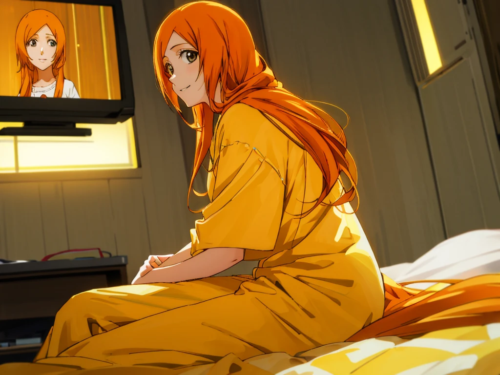 Orihime Inoue, 1girl, Single, Sitting on bed, Wearing yellow pajamas, Yellow shirt, Yellow pants, Hair between the eyes, long hair, Hair decoration, Looking at the viewer, Untidy hair, Orange hair, Single, Thighs, long hair, ((Masterpiece)), She smiles, dark room, tv in background
